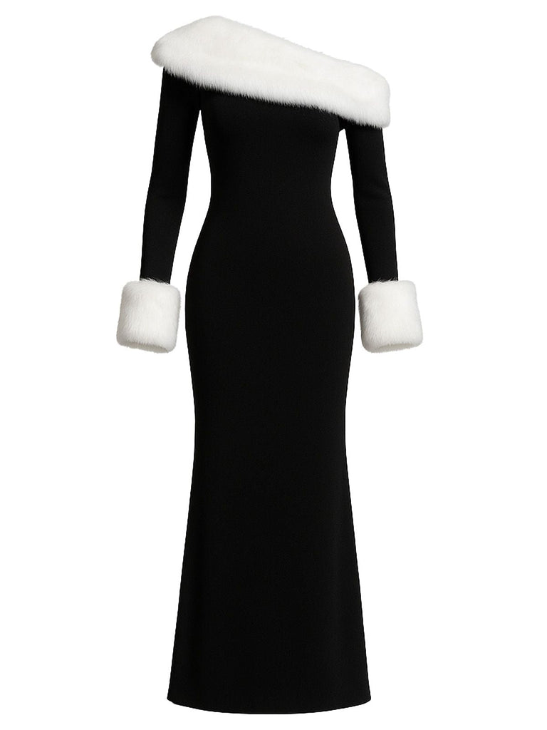 Schwarz 1980er Schulterfrei Pelz Besatz Kleid