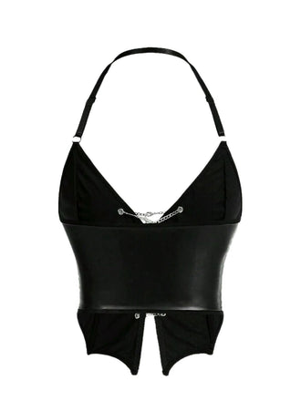 Schwarz 1980er Gothic Kreuz Kordelzug Chain Halter Korsett