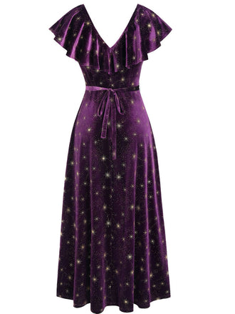 Lila 1940er Samt V-Ausschnitt Stern Rüschen Kleid