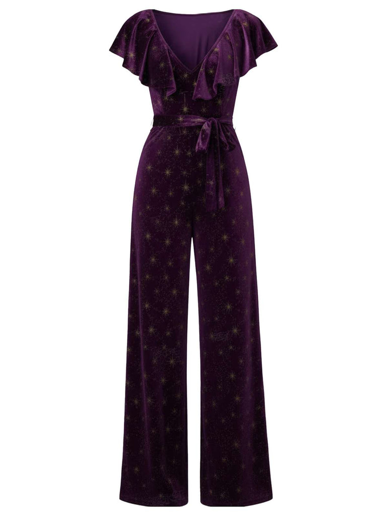 [Vorverkauf] Lila 1950er Samt Stern Rüschen Breite Beine Jumpsuit