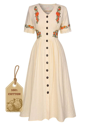 [Vorverkauf] Beige 1940er V-Ausschnitt Knöpfen Blumen Kleid