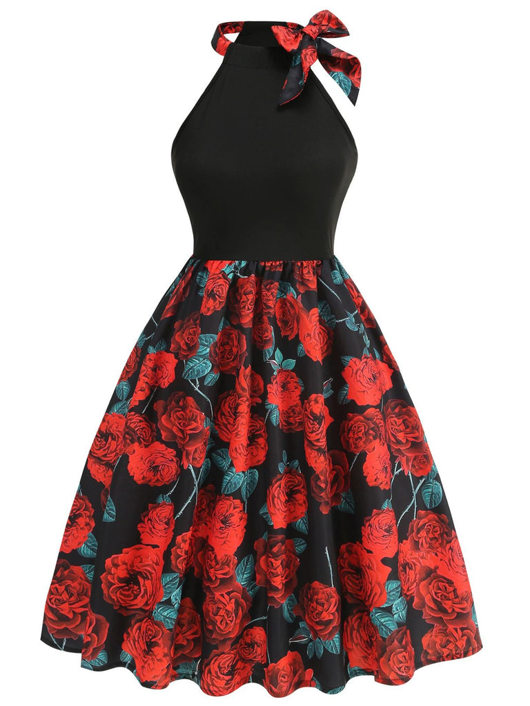 Rot 1950er Rose Ärmellos Patchwork Kleid