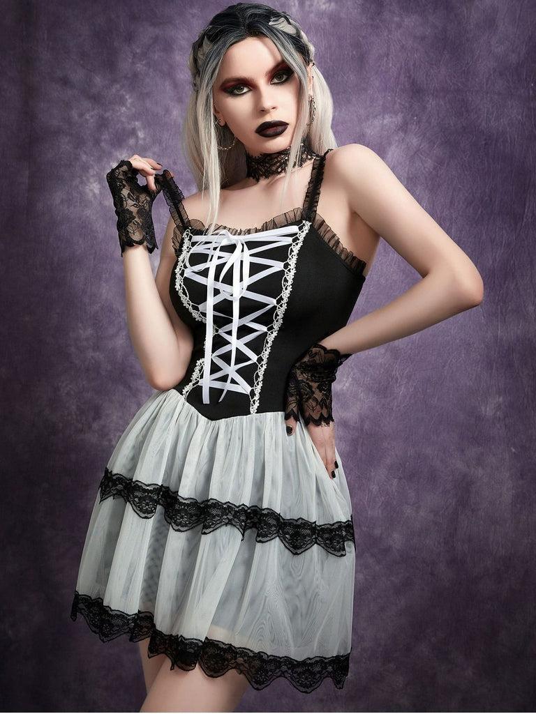 1960er Gothic Schnürung Rüschen Netz Slip Kleid