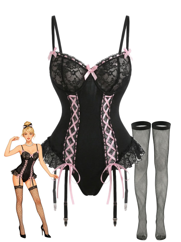 Schwarz 1960er Spitze Bogen Korsett Unterwäsche mit Netz Strümpfe