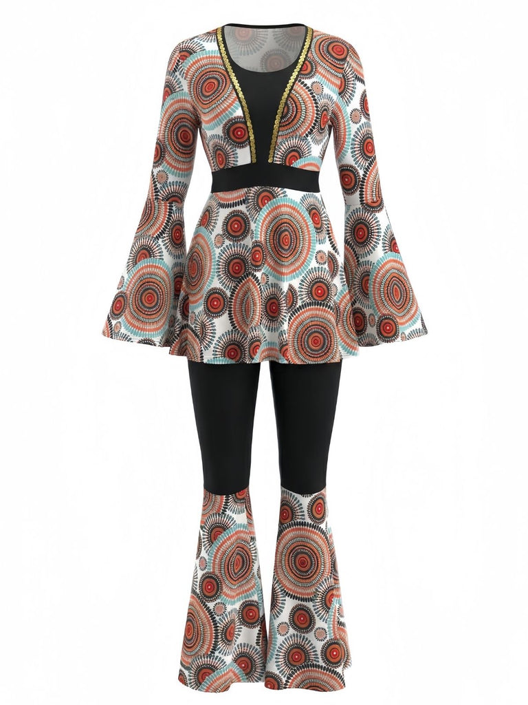 2PCS 1970er Hippie Glocken Ärmel Top & Schlag Hose