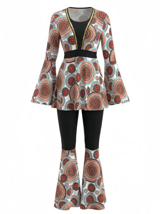 2PCS 1970er Hippie Glocken Ärmel Top & Schlag Hose