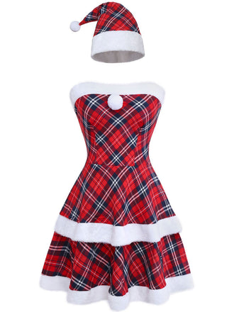 Rot 1960er Plaid Trägerlos Patchwork Kleid Set