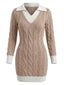 Beige 1960er Zopfmuster V-Ausschnitt Gestrickt Pullover Enges Kleid