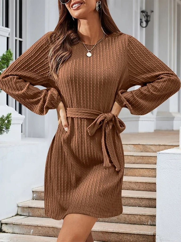 1960er Gerippt Stricken Gürtel Rundhals Kleid