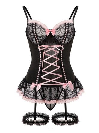 1970er Kontrastiert Spitze Netz Bogen Schnürung Dessous Set