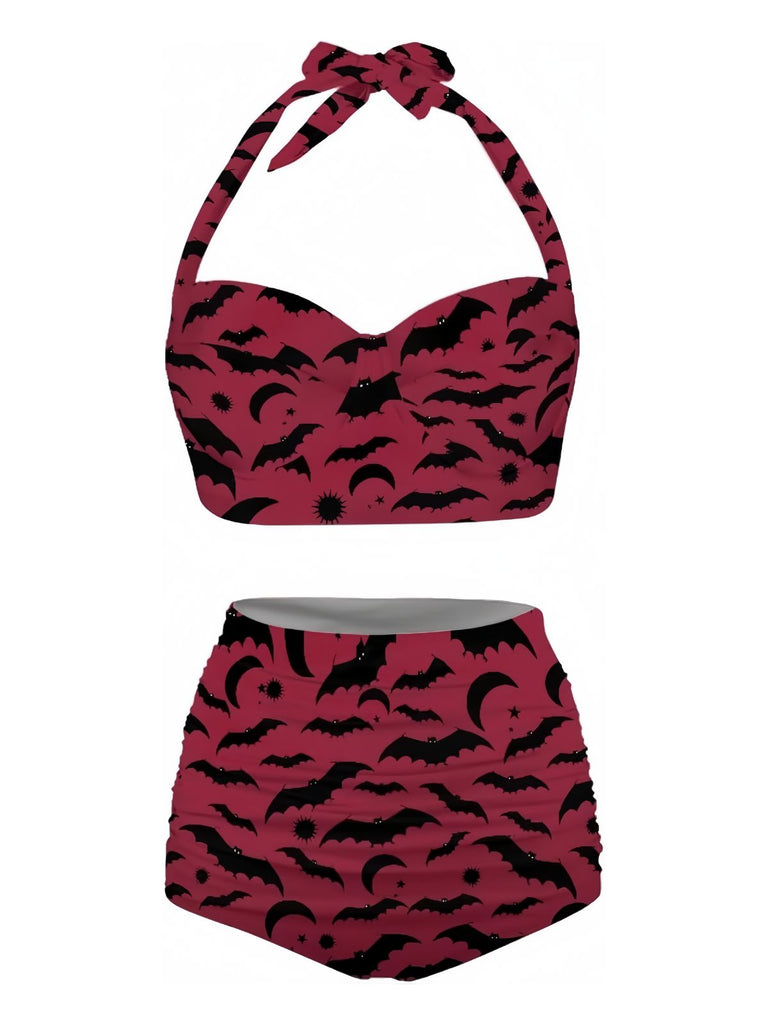 Weinrot 1950er Fledermaus Schnürung Halfter Bikini Set