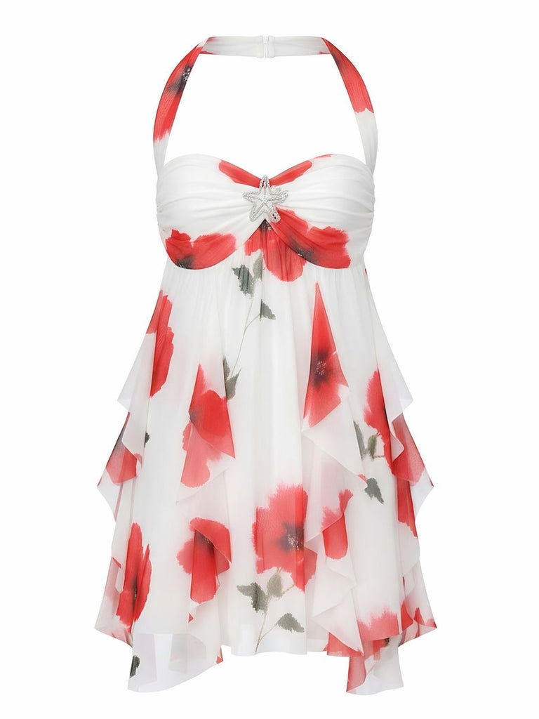 Rot 1960er Halter Unregelmäßig Saum Babydoll Kleid