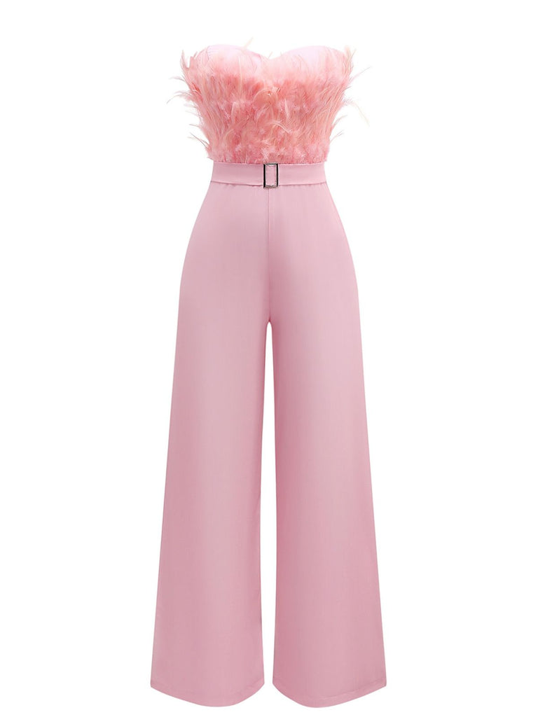 1970er Solide Trägerlos Feder Jumpsuit