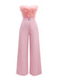 1970er Solide Trägerlos Feder Jumpsuit