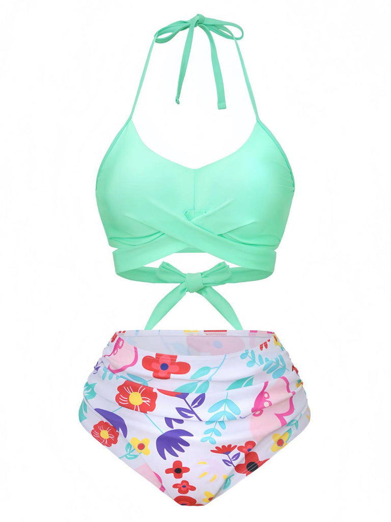 Mintgrün 1940er Blumen Hohe Taille Bikini Set