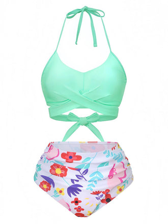 Mintgrün 1940er Blumen Hohe Taille Bikini Set