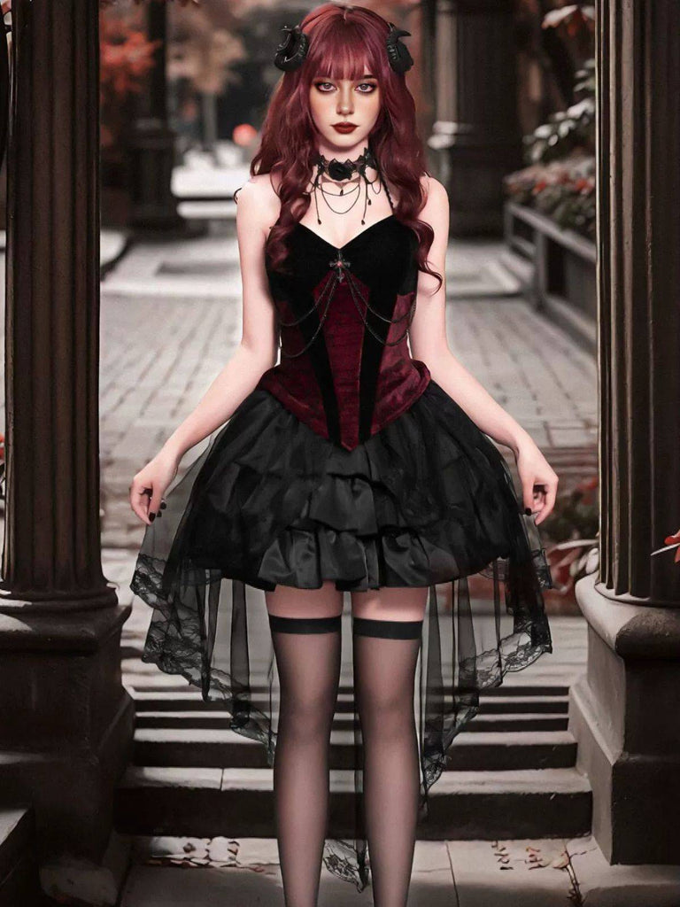 2PCS Rot 1980er Gothic Kreuzen Top & Spitze Rock