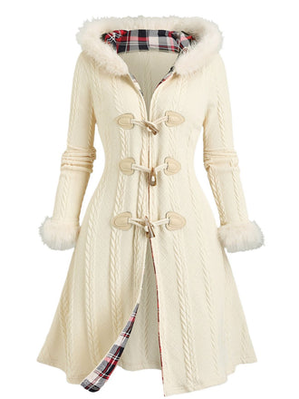 [Übergröße] Elfenbein 1950er Stricken Pelz Besetzt Kapuze Mantel