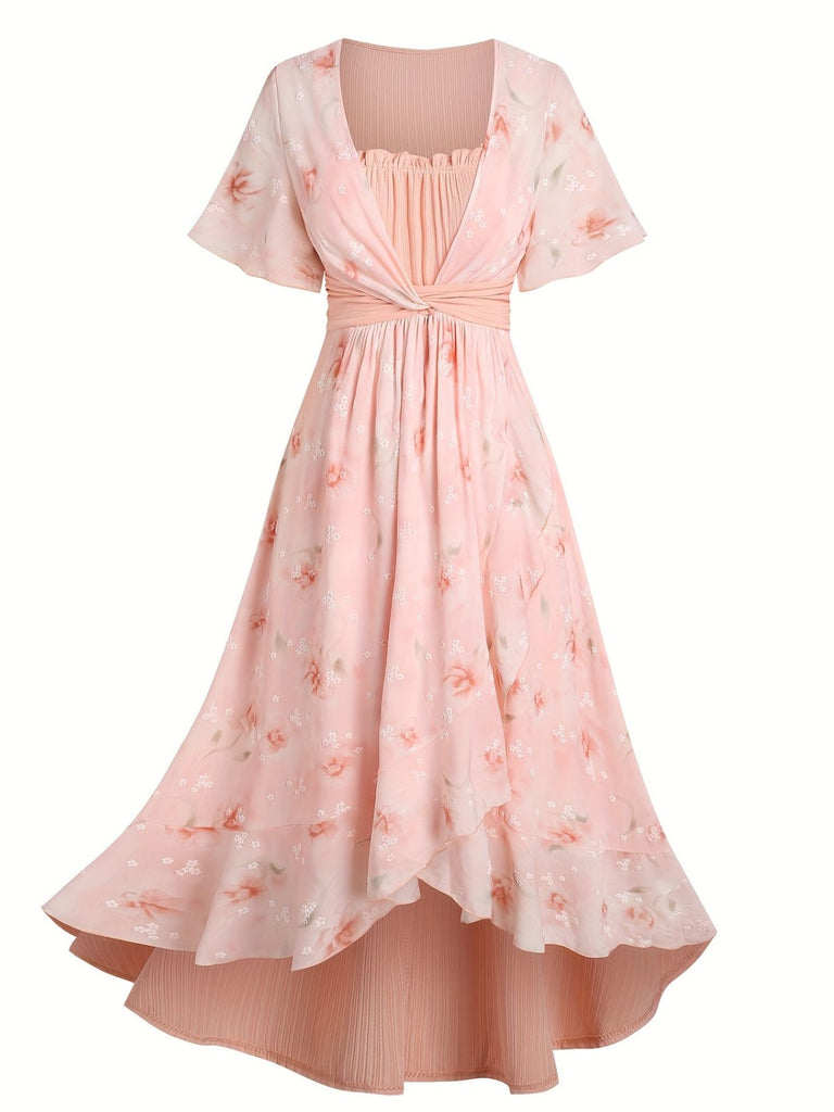 [Übergröße] Rosa 1970er Blumen Rüschen Unregelmäßigem Saum Kleid