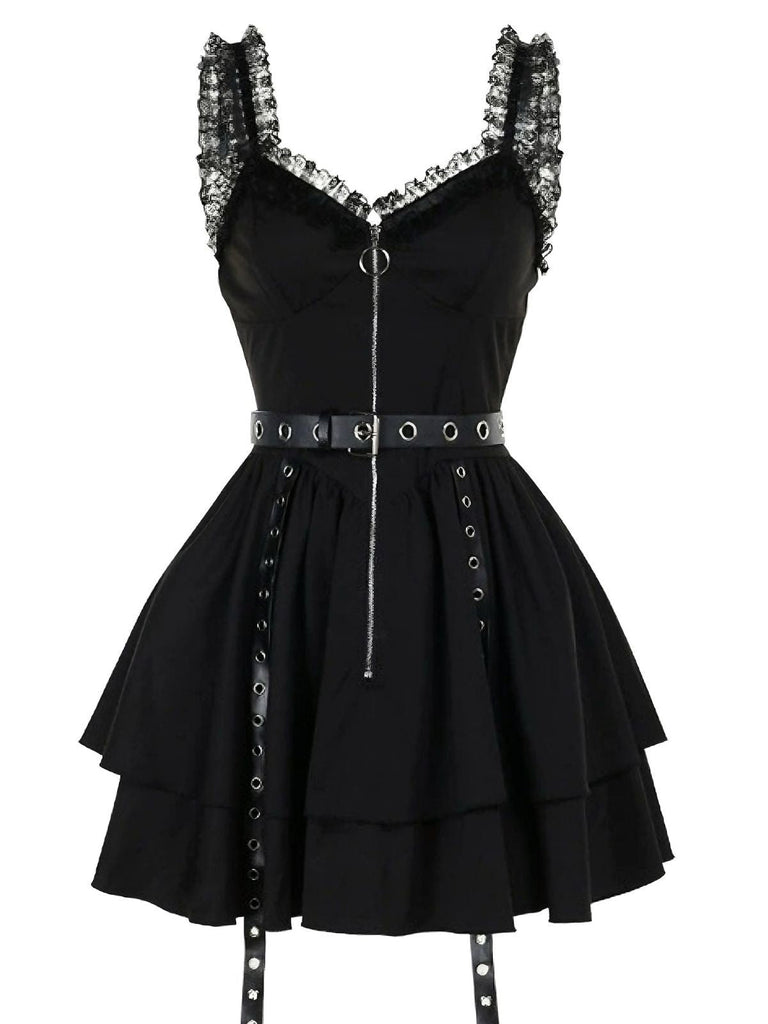 Schwarz 1980er Punk Metall Gürtel Patchwork Kleid