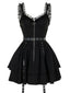 Schwarz 1980er Punk Metall Gürtel Patchwork Kleid