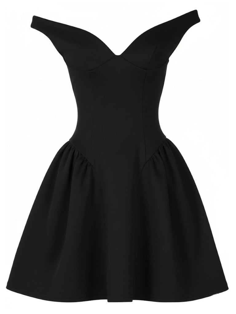 1970er Solide Schulterfrei Tief V-Ausschnitt Skater Kleid