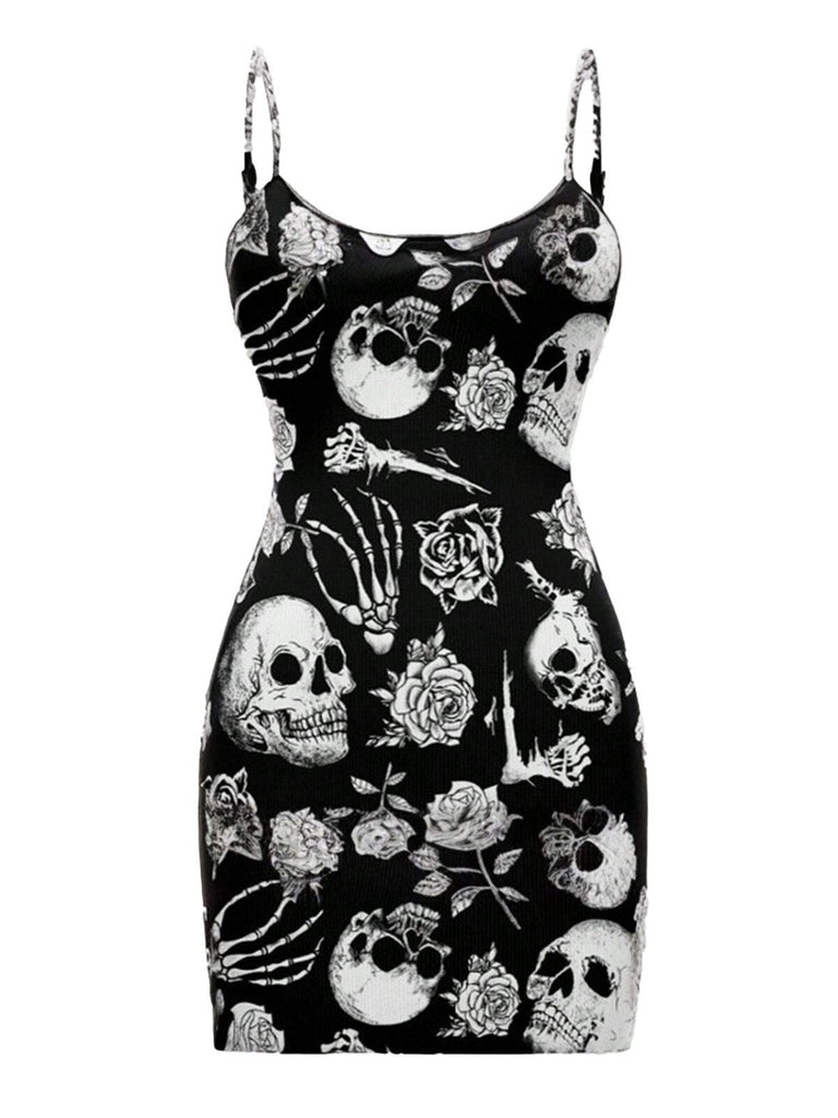 Schwarz 1960er Schädel Rose Halloween Enges Kleid