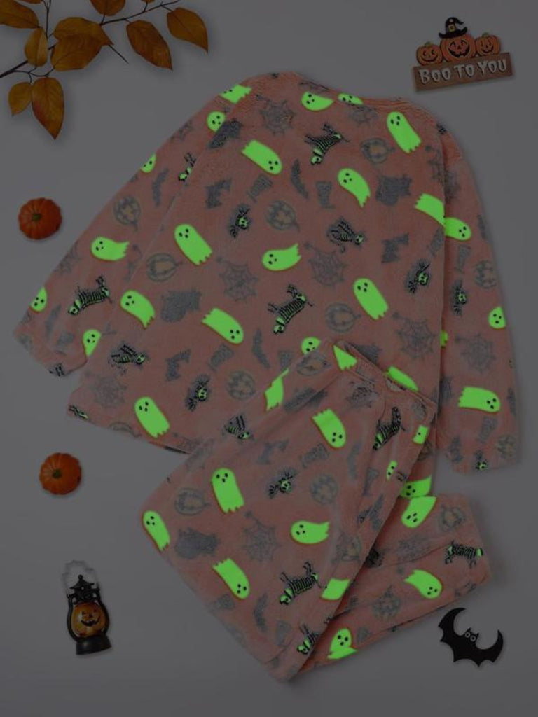 2PCS Orange 1970er Halloween Glühend Drucken Flanell Pajama Set