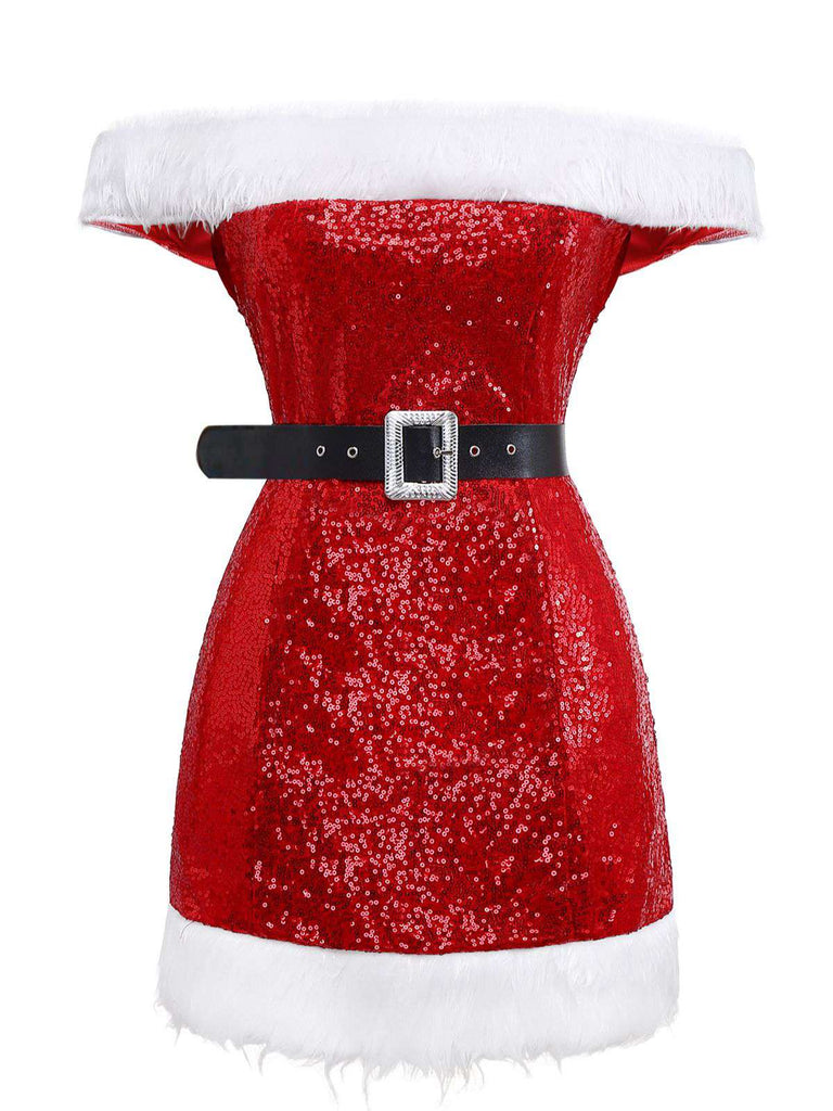Rot 1970er Weihnachten Pailletten Schulterfrei Plüschbesatz Kleid