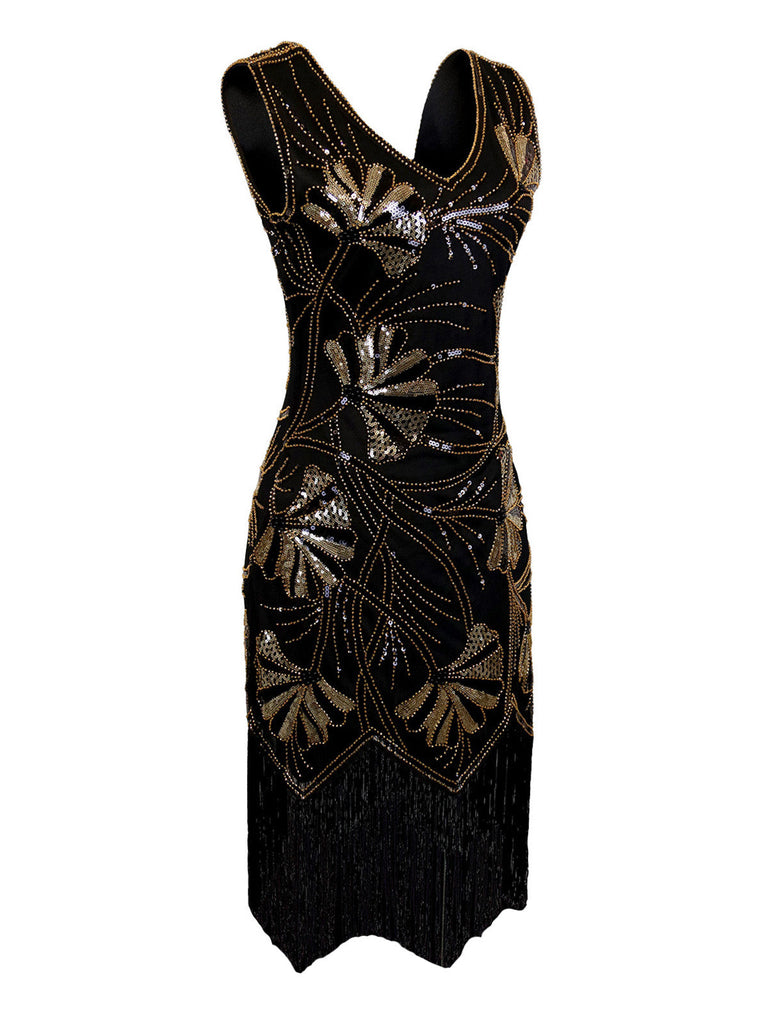 1920er V-Ausschnitt Pailletten Perlenbesatz Flapper Kleid