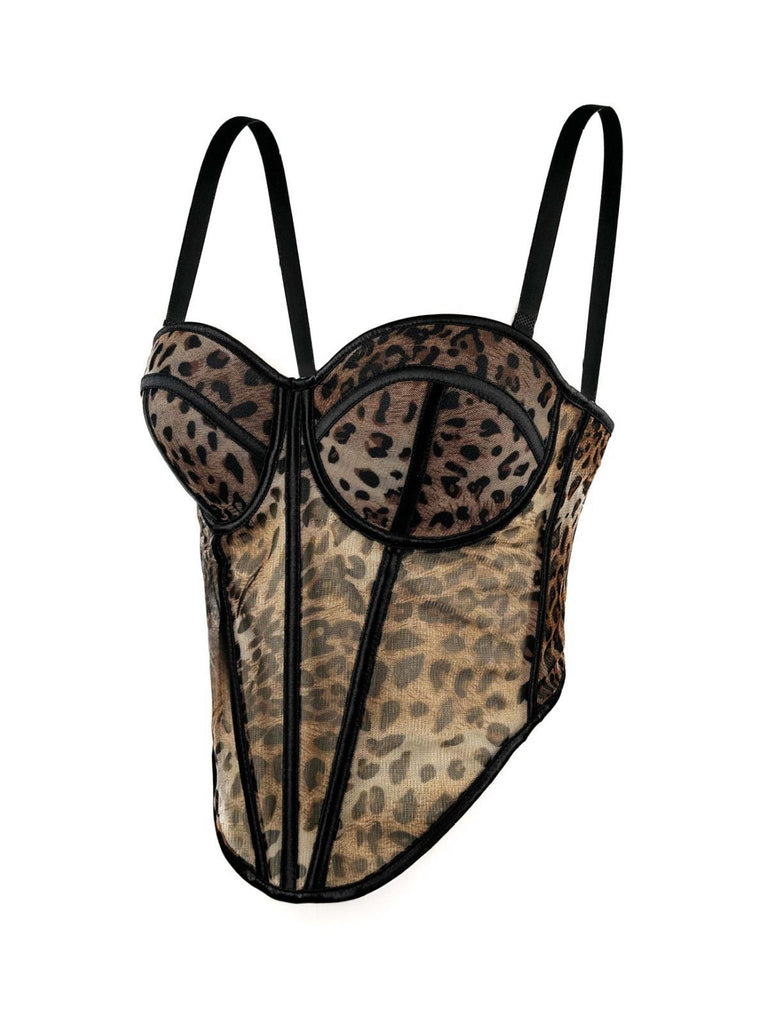 1980er Leopard Spaghetti Träger Fischgrätmuster Korsett
