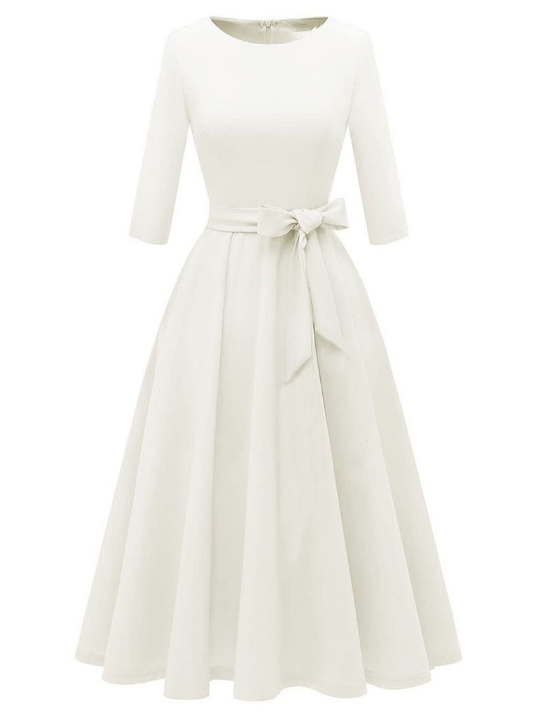 1940er Solide Passform Bogen 3/4 Ärmel Swing Kleid
