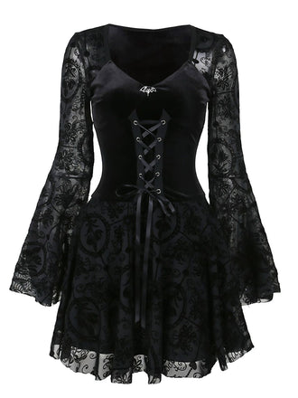 Schwarz 1960er Gothic Beflocktes Kleid
