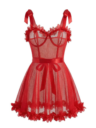 Rot 1960er Solide 3D Blumen Schnürung Nachtwäsche