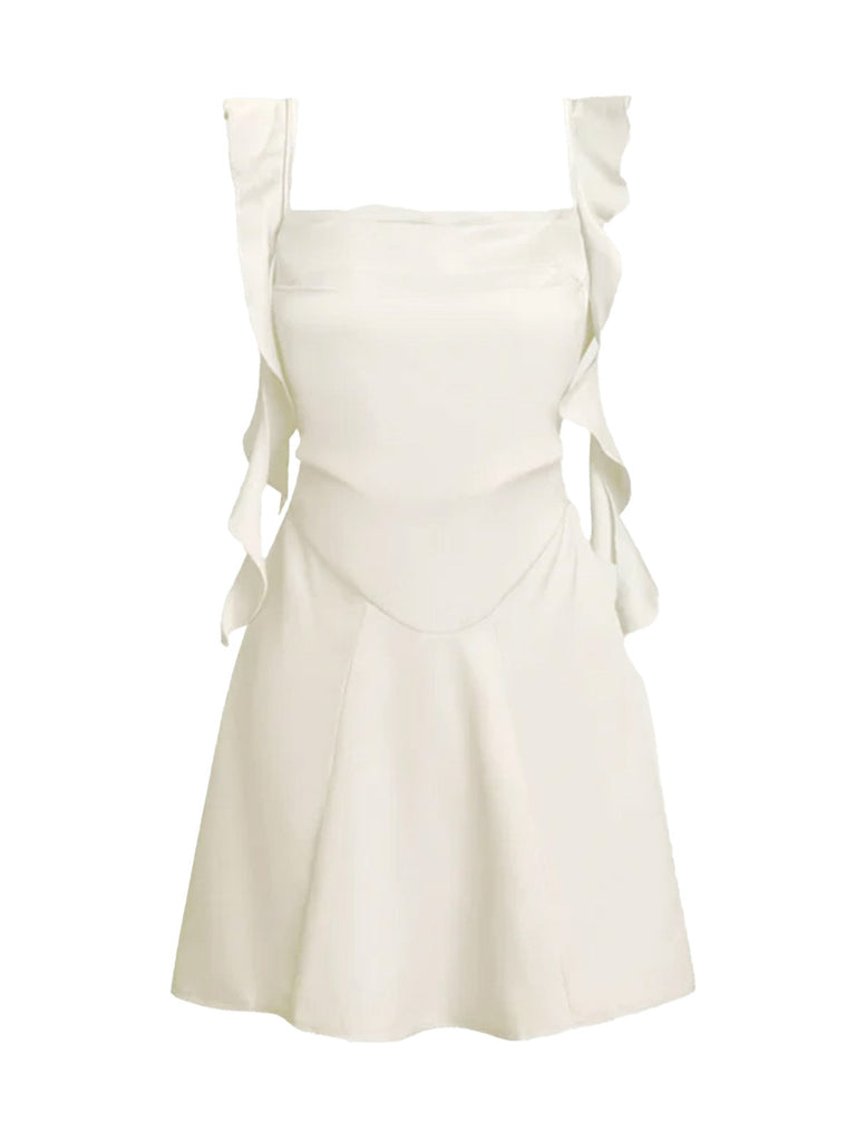 1980er Solide Rüschen Träger Quadratischer Hals Kleid