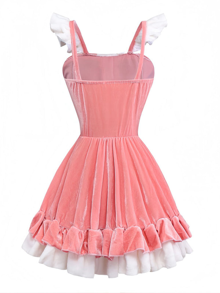 Rosa 1970er Weihnachten Samt Rüschen Bunny Girl Kleid Set