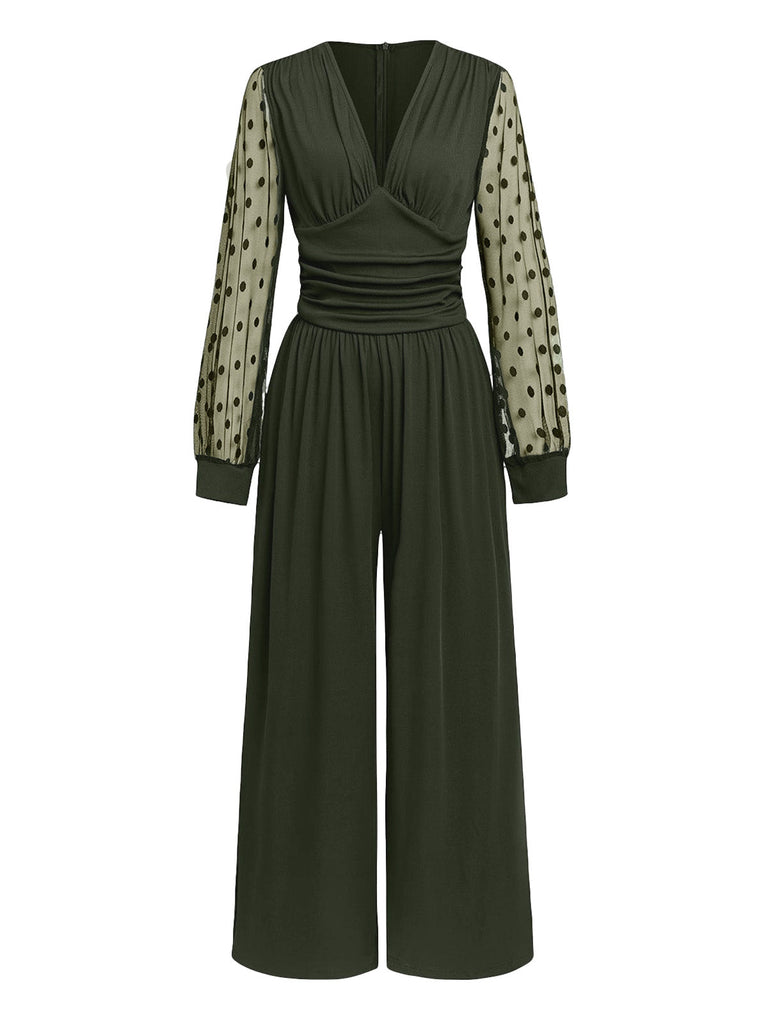 Olivgrün 1950er V-Ausschnitt Polka Dot Transparentärmel Jumpsuit