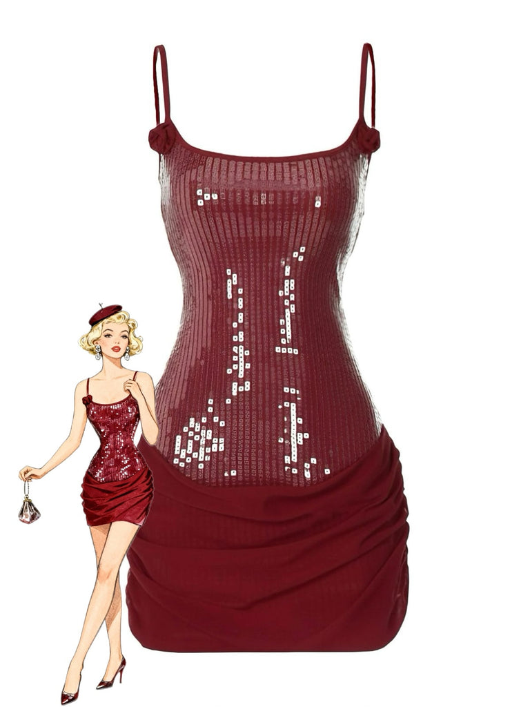 1980er Solide Pailletten Patchwork Mini Kleid