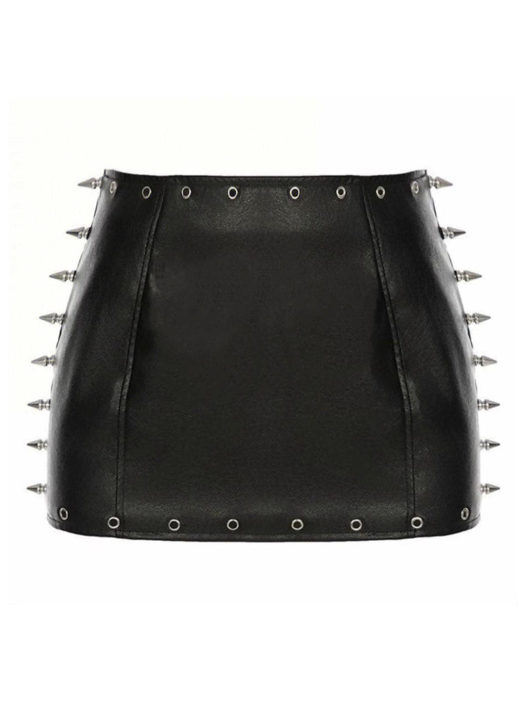 Schwarz 1970er Gothic Punk Spike Leder Mini Rock