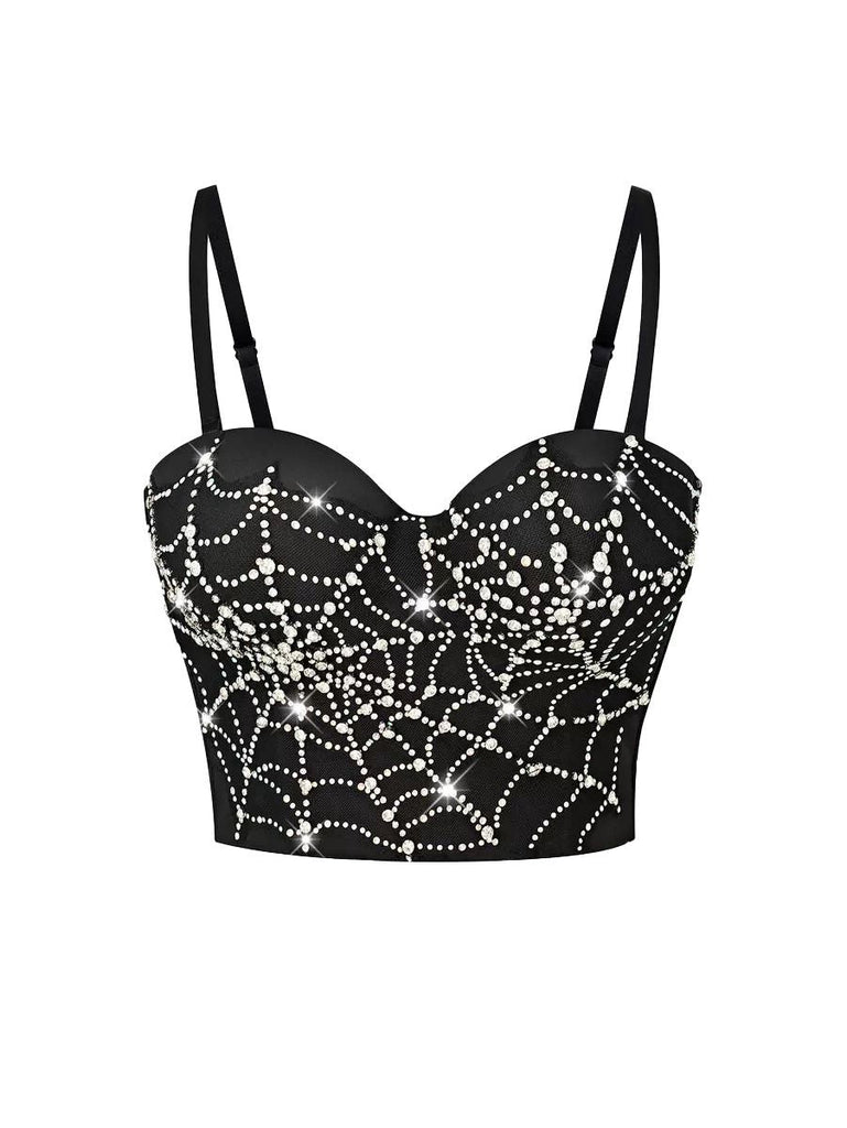 Schwarz 1970er Strassstein Spinnennetz Crop Top