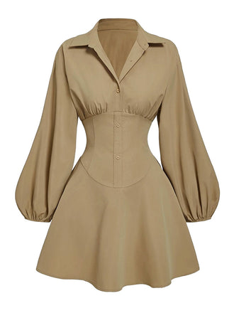 Beige 1960er Puffärmel Elastisch Geschnürt Taille Kleid