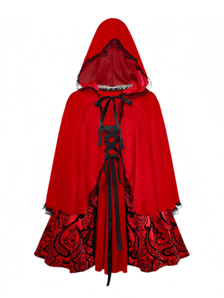 2PCS Rot 1980er Samt Spitze Pailletten Trägerlos Kleid & Cape