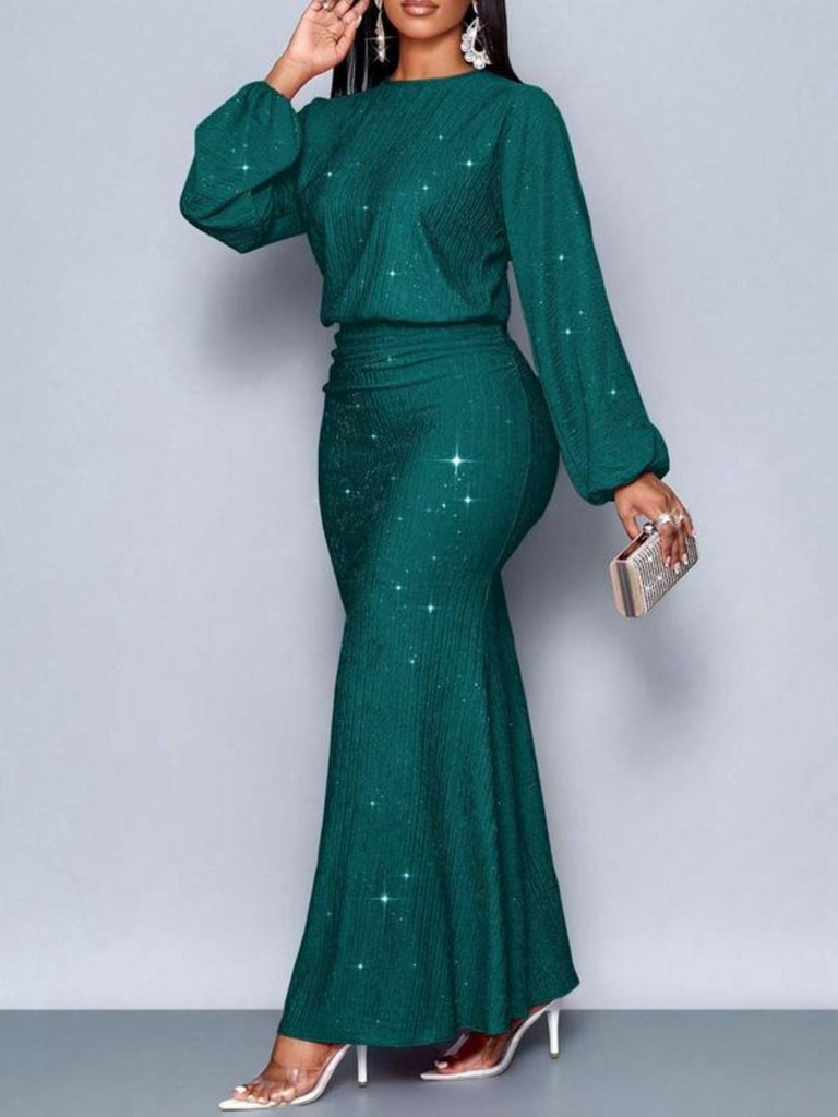 1930er Funkeln Gerüschtes Laternenärmel Stricken Fischschwanz Kleid