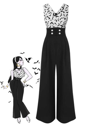 Schwarz 1930er Halloween Fledermaus Patchwork Jumpsuit
