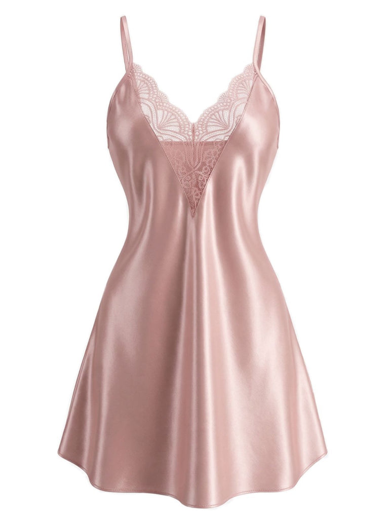 1960er Solide Spitze V-Ausschnitt Spaghetti Träger Nachthemd