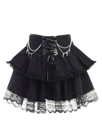 Schwarz 1980er Gothic Chain Kreuz Spitze Lagen Rock