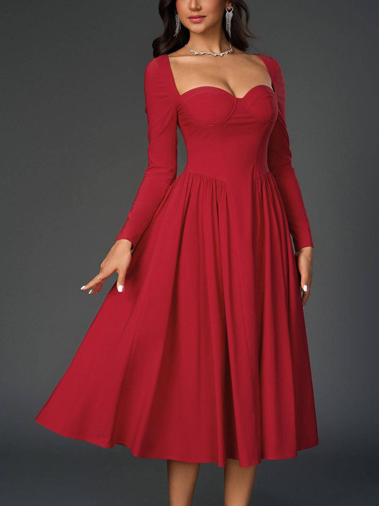 1960er Rückenfrei Schnürung Plissiertes Midi Kleid