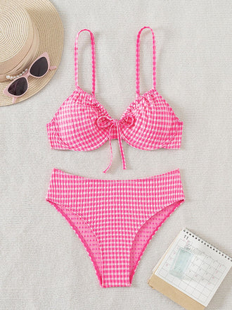 Rosa 1950er Plaid Schnürung Bikini Set