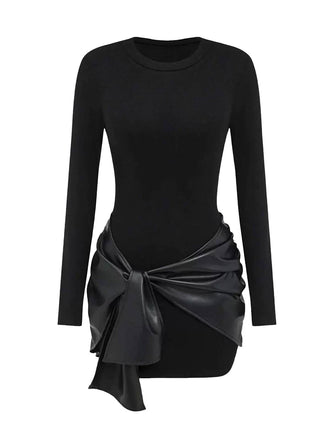 1980er Faux Leder Bogen Langarm Kleid