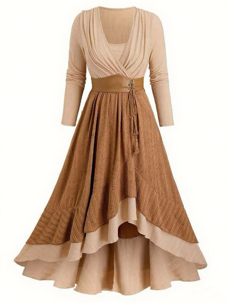 [Übergröße] 1970er Boho Binden Quaste Saum Rüschen Gerippt Kleid